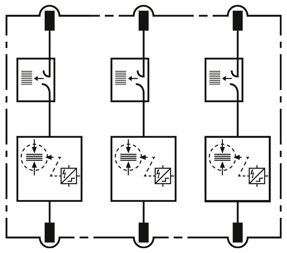 Három párhuzamos áramköri ág egy szaggatott keretben, mindegyik tetején egy kapcsolóhoz hasonló alkatrészzel, amely alatta egy nagyobb vezérlő-/elektronikus modult táplál.