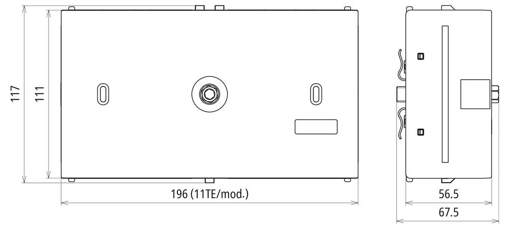Egy téglalap alakú eszköz műszaki méretrajza, amely elöl- és oldalnézetet mutat méretek feltüntetésével: 196 mm széles, 117 mm magas, 67,5 mm mély.