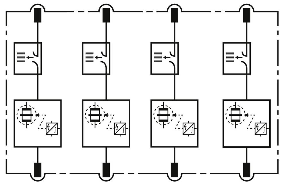 Elektromos schematikus rajz, amely négy azonos párhuzamos kapcsoló/vezérlő modult mutat egy szaggatott keretezésen belül, mindegyik felül és alul közös sínekhez csatlakoztatva.