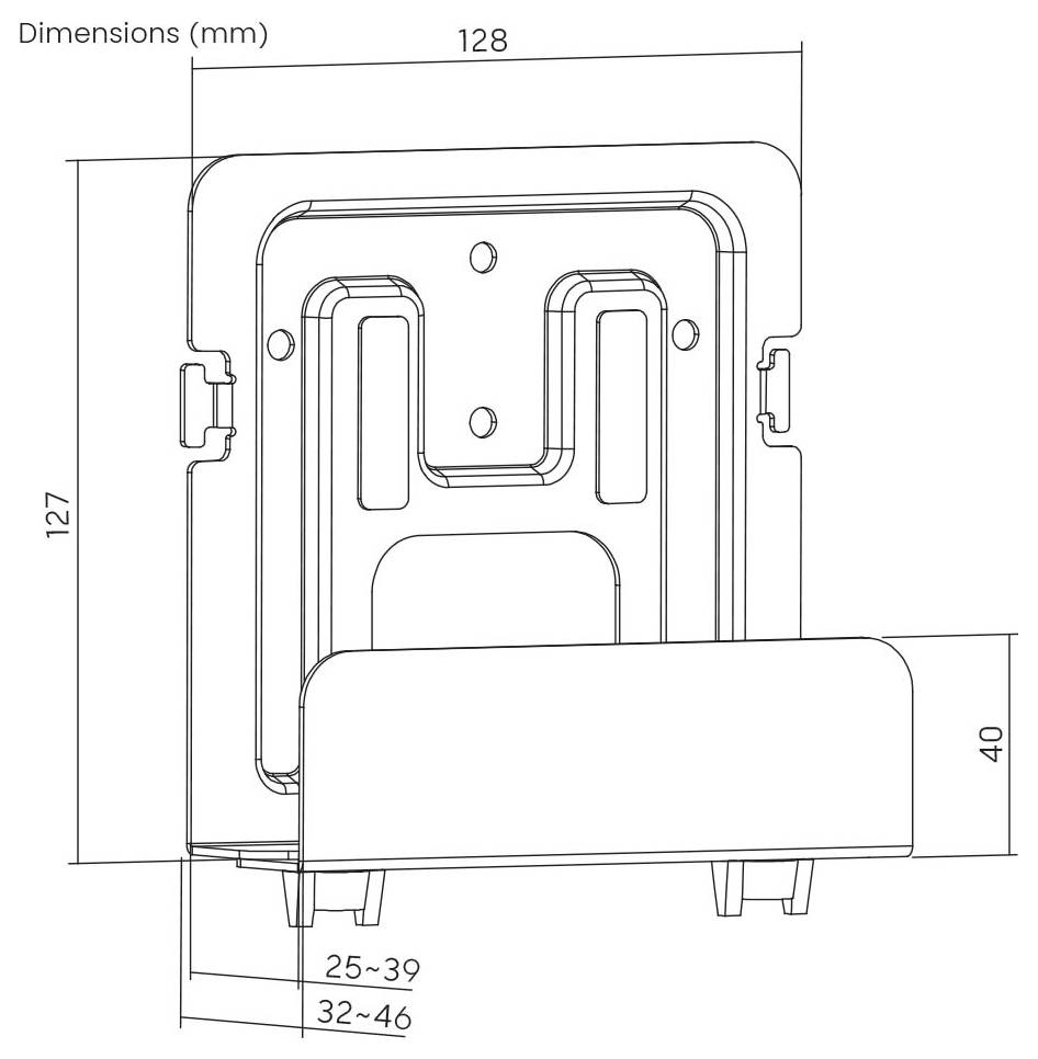 Falra szerelt eszköz vagy konzol műszaki rajza címkézett méretekkel: 128 mm széles, 127 mm magas, 40 mm mély, és szerelési tartományok 25-39 és 32-46 mm.