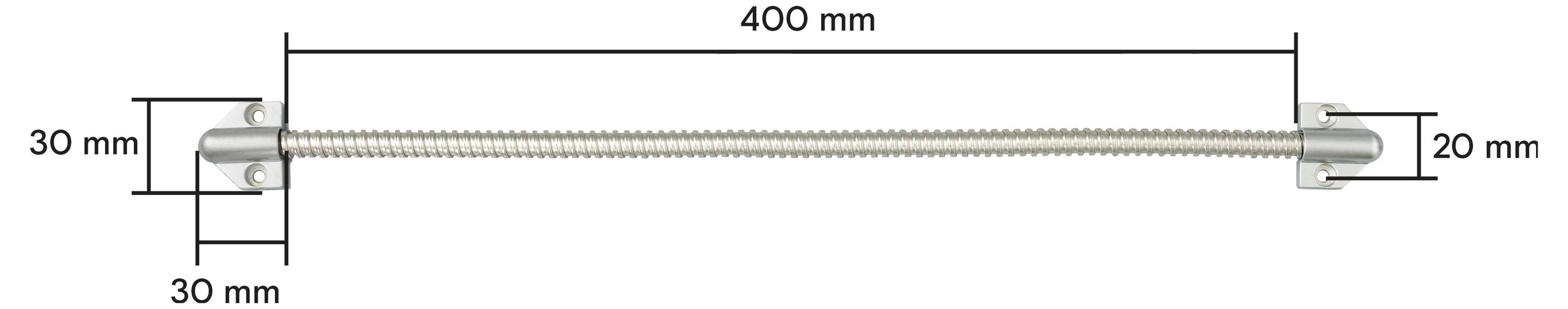 Kábel-összeállítás műszaki rajza: 400 mm hosszú drótkötel végszerelésekkel, 30 mm-es szerelőkonzol a bal oldalon és 20 mm-es csatlakozás a jobb oldalon.