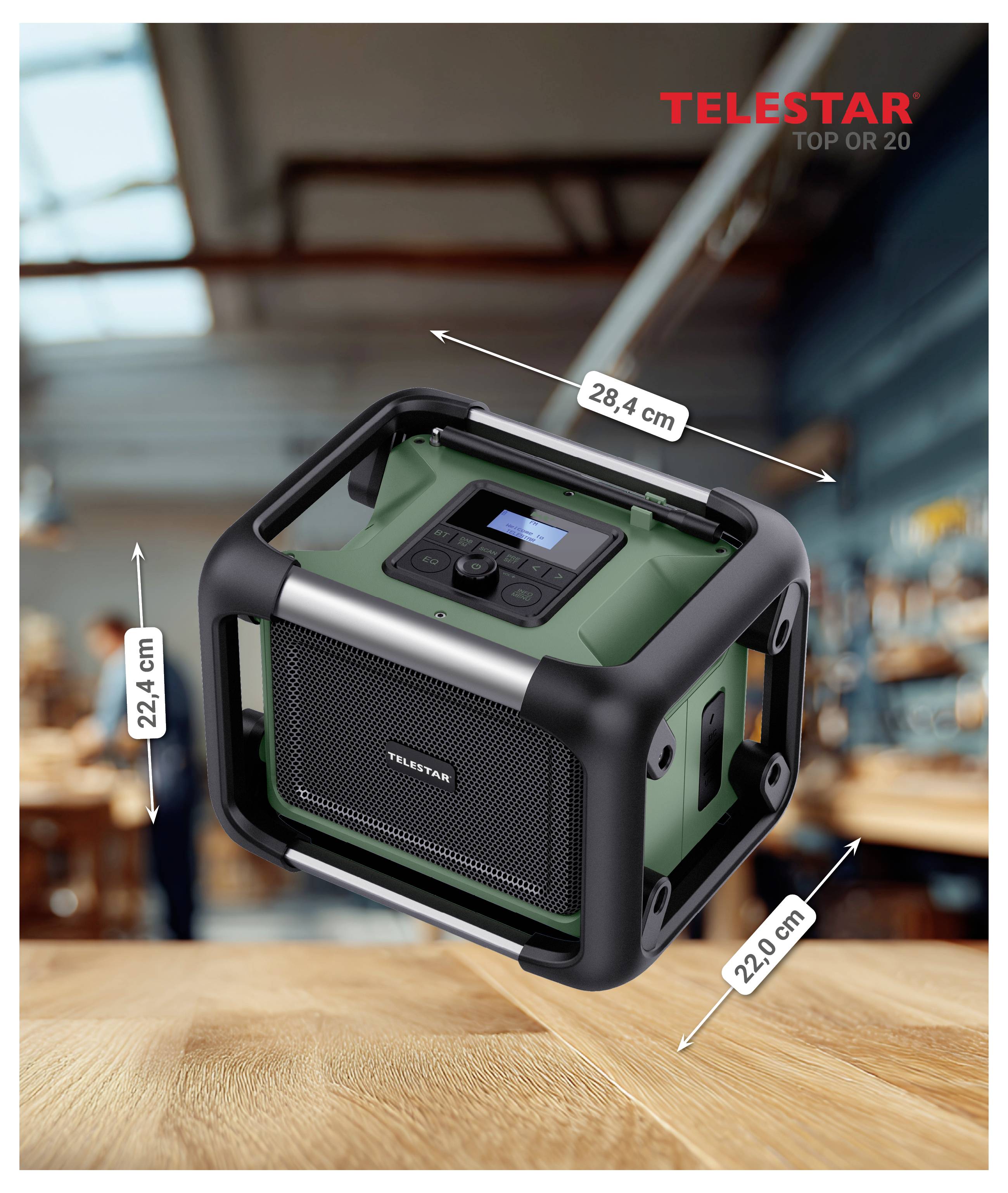 Telestar Top 20 hordozható rádiós hangszóró, amely 28,4 cm, 22,4 cm és 22,0 cm méretekkel van feltüntetve.