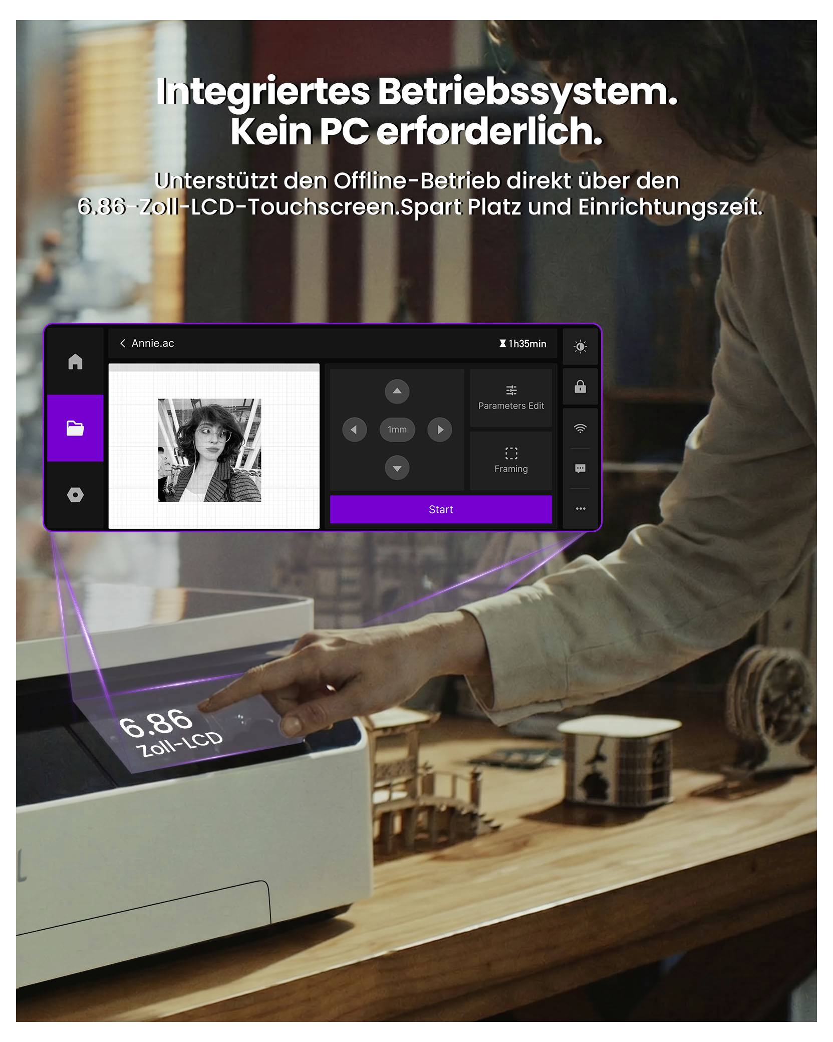 # Varrógép hirdetés - LCD érintőképernyővel<br><br>**6,86 hüvelykes LCD érintőképernyő**<br><br>Integrált operációs rendszer<br><br>Képernyőn megjelenő vezérlőelemek<br><br>**PC nem szükséges.**