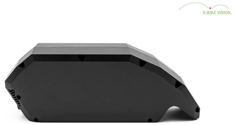 Fekete téglalap alakú e-bike akkumulátor csomag ferde élekkel és kivágott alsó résszel, fehér háttéren az „E-BIKE VISION" logóval.