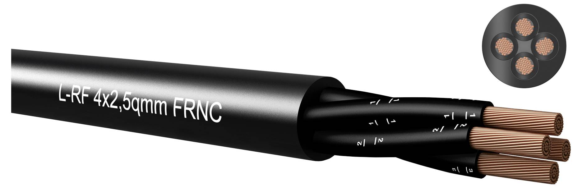 Egy L-RF 4x2,5 mm FNC kábel illusztrációja, amelyen négy rézvezeték látható a vég felé kitéve, és egy keresztmetszeti betét mutatja a négymagos elrendezést.