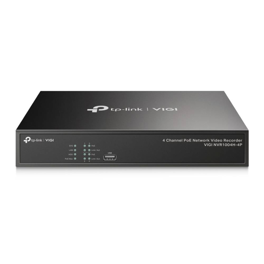 TP-Link VIGI 4 csatornás PoE hálózati videorögzítő, elölnézet fehér háttéren.