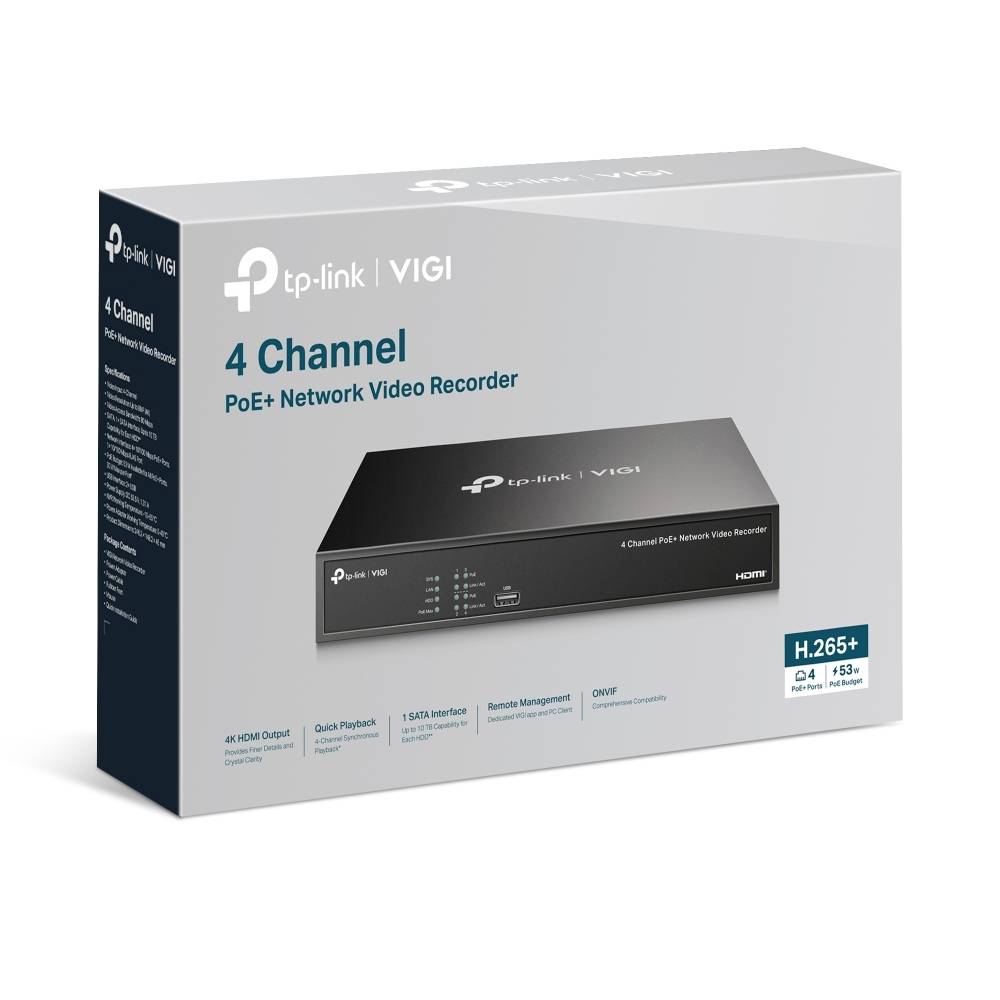 TP-Link VIGI 4 csatornás PoE+ hálózati videórögzítő doboz, amely az NVR eszközt, a H.265+ támogatást és a 4 csatornás rögzítési funkciókat mutatja.