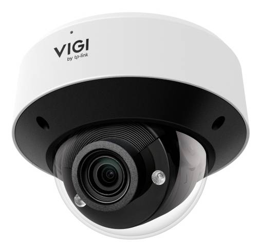 Egy fehér és fekete VIGI by TP-Link dome biztonsági kamera látható lencsével és tiszta védőkupolával.