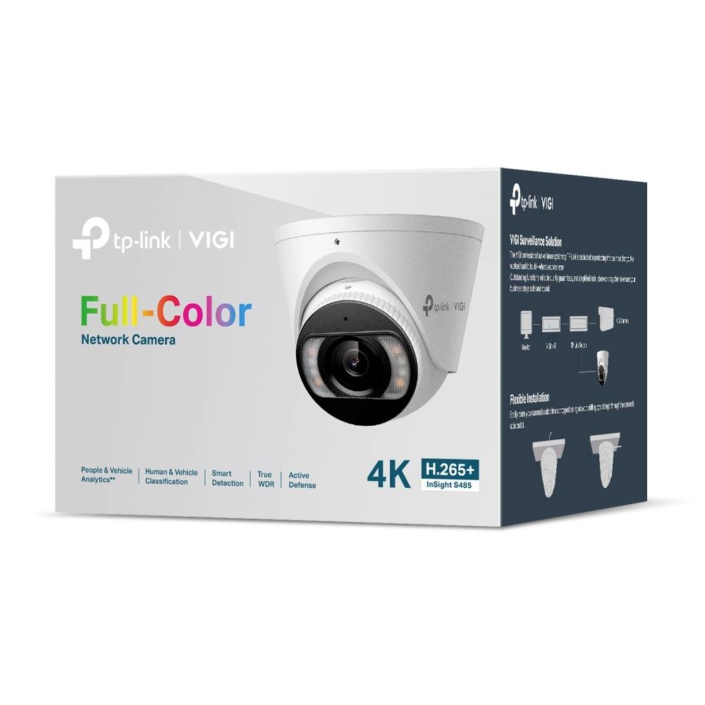 TP-Link VIGI Teljes színes hálózati kamera doboz, amely egy dome biztonsági kamerát, 4K felbontást, H.265+ videót és felügyeleti funkciókat mutat be.
