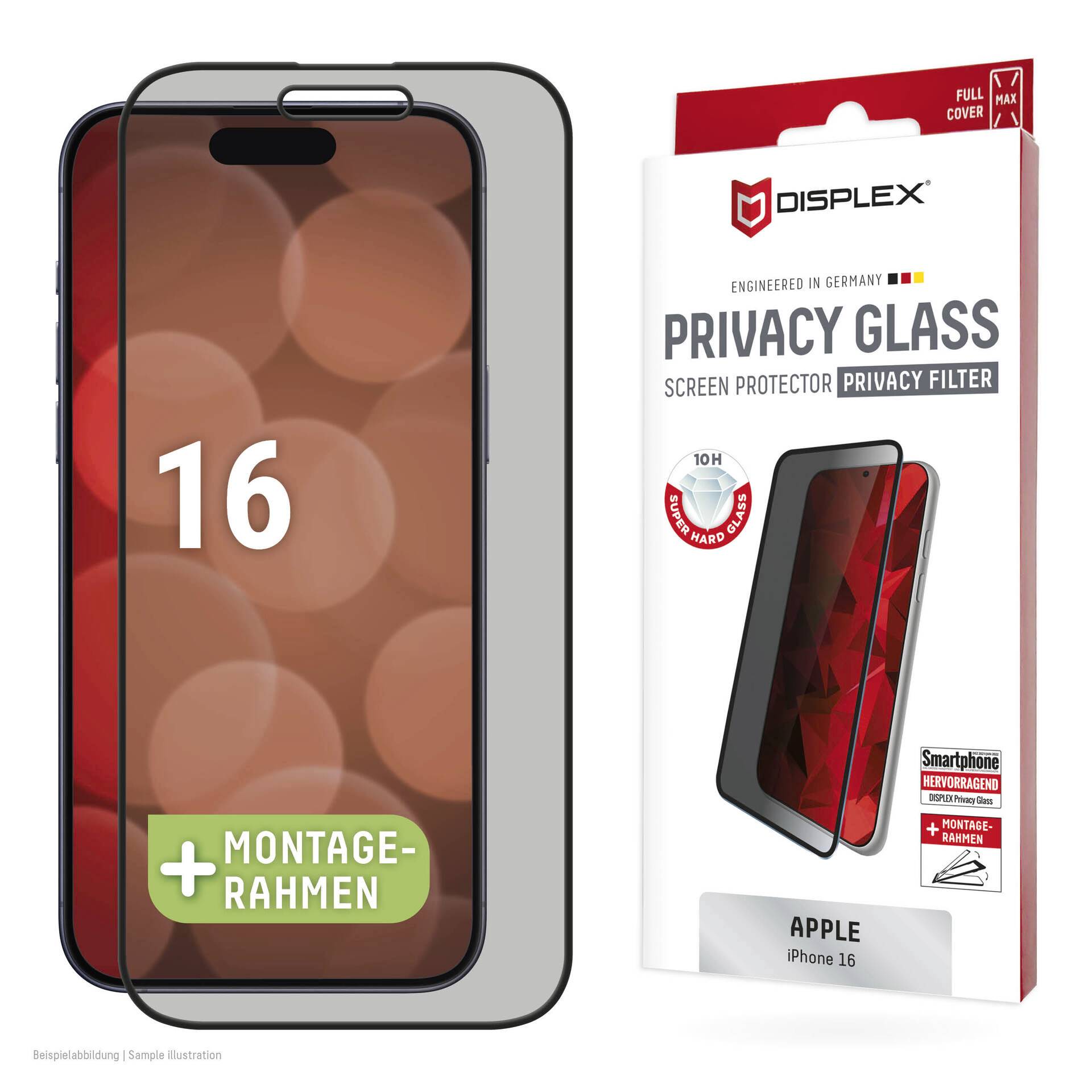 Displex adatvédelmi üvegképernyő-védő az Apple iPhone 16-hoz, felszerelési kerettel és kiskereskedelmi csomagolással.
