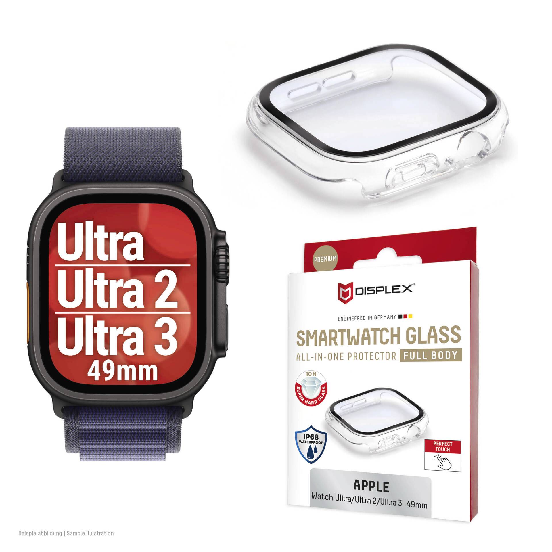 Apple Watch Ultra/Ultra 2/Ultra 3 49mm átlátszó teljes test okosóra üvegvédővel, amely a csomagja mellett látható.