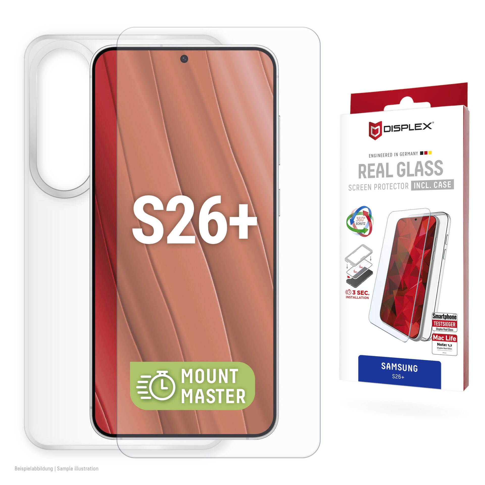 Samsung S26+ telefon képernyővédő tokkal, csomagolásban és átlátszó védőként vörös telefon kijelzőn megjelenítve.