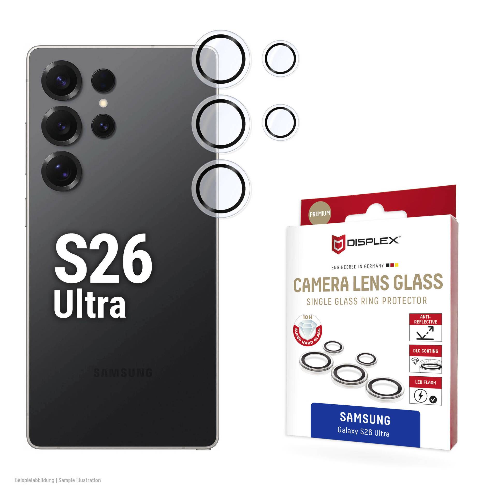 Samsung S26 Ultra telefon hátoldala három kiemelt kameralencséval egy Samsung Galaxy S26 Ultra kameralencse üveg gyűrű védővel ellátott csomagja mellett.