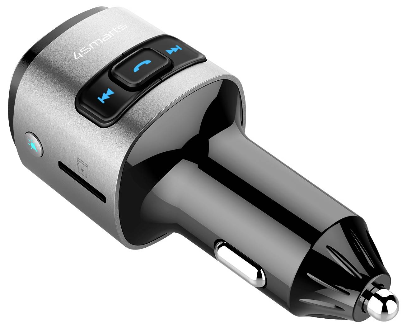 Ezüst Bluetooth autós FM adó USB töltéssel, zenévezérlővel és beépített mikrofonnal kihangosított hívásokhoz.