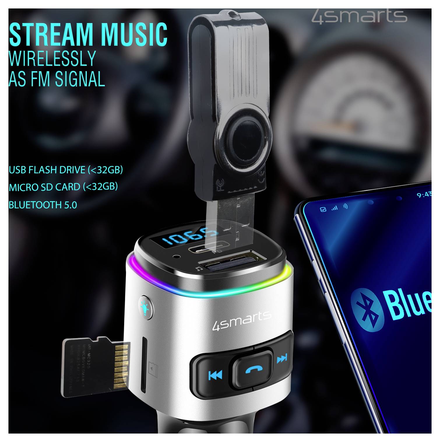 4smarts autós FM adó USB és microSD portokkal, Bluetooth zenestreaming és a csatlakoztatott telefon Bluetooth párosításával.