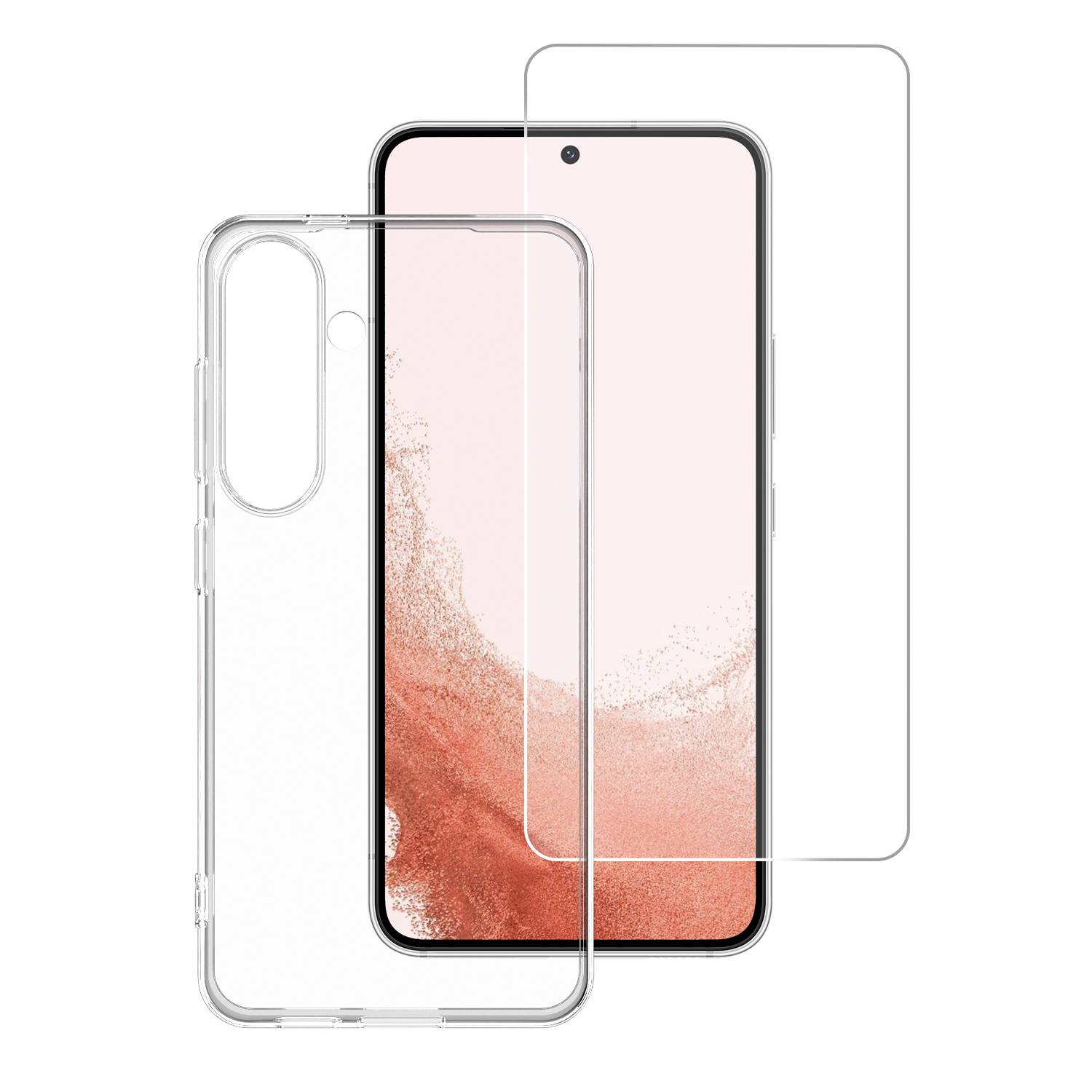 Átlátszó okostelefon tok és képernyővédő látható a telefonon, kiemelve az átlátszó védőkiegészítéseket.