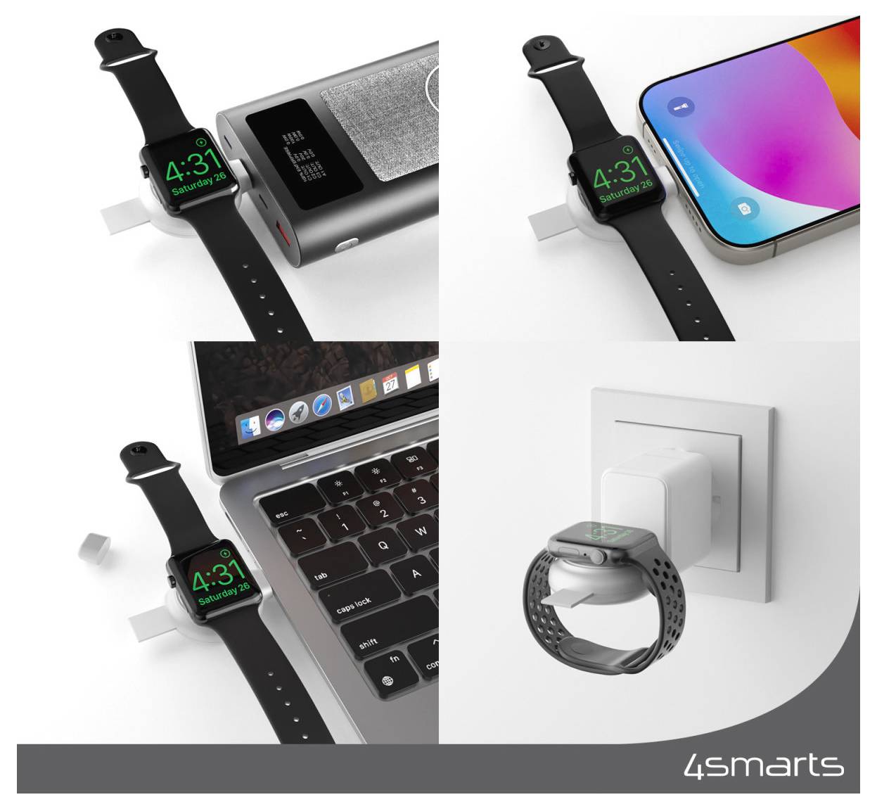 4smarts töltődock Apple Watch-hoz USB-C csatlakozóval, amely egy telefon, laptop, powerbank és hálózati adapter mellett töltés közben látható