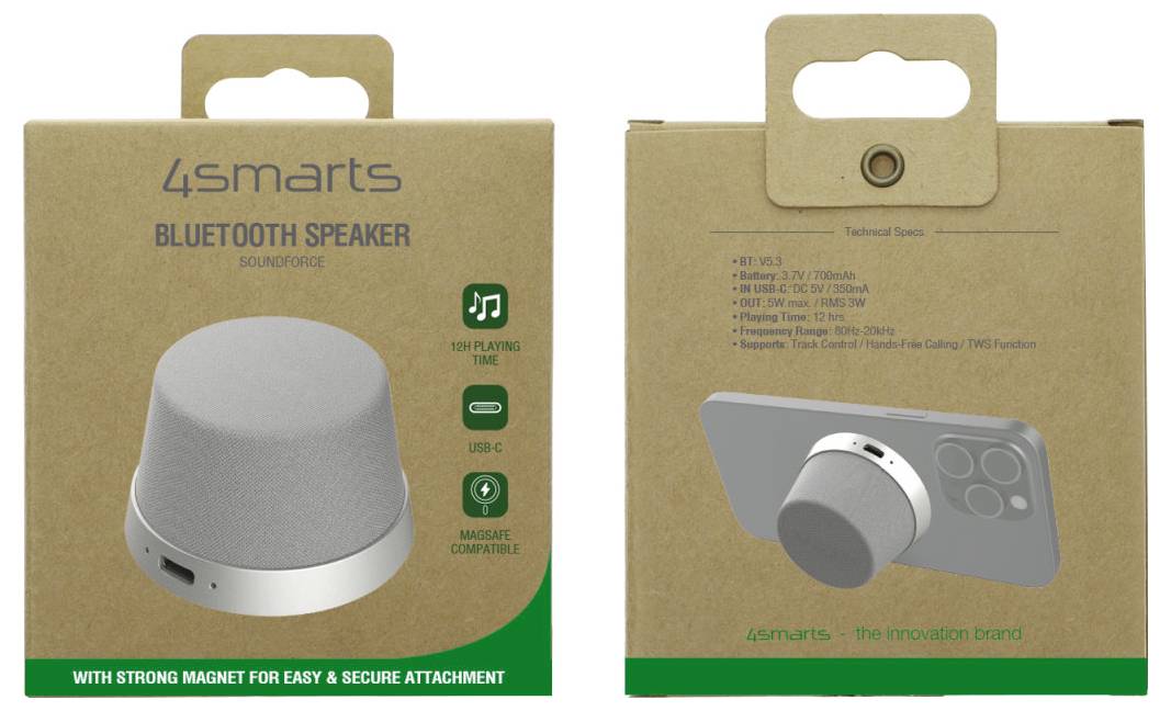 4smarts Bluetooth hangszóró kraft stílusú kiskereskedelmi csomagolásban, elöl és hátul megjelenítve termékkép, műszaki specifikáció és mágneses rögzítési funkcióval.