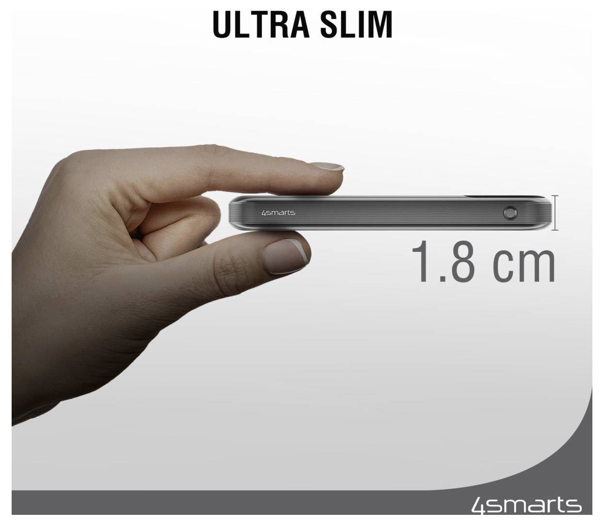 Kéz, amely egy ultraöslány okostelefont tart, amelynek a címkéje "ULTRA SLIM" és "1,8 cm", a telefon vékony profilját mutatva.