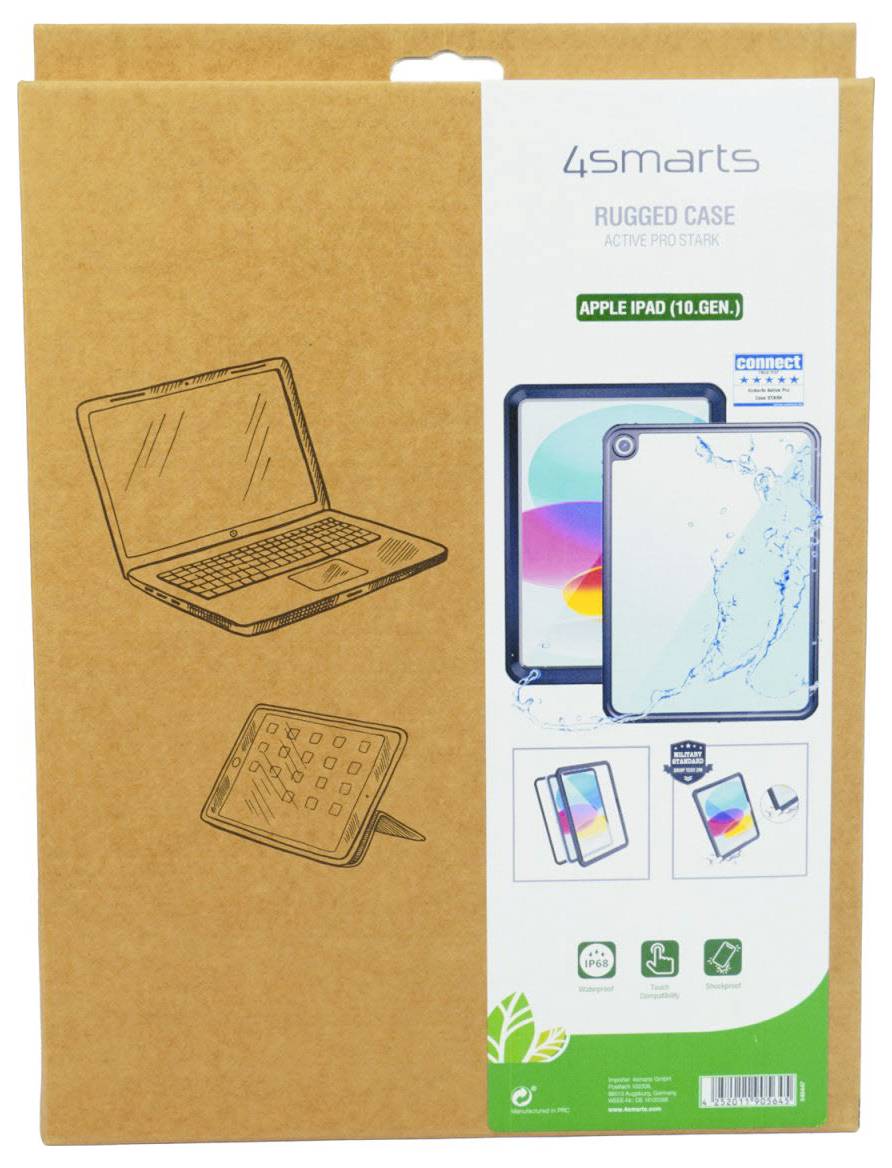 A 4smarts erős tok csomagolása az Apple iPad 10. generációhoz, amely a tokat az iPad-en mutatja és a védelmi funkciók ikonjaival rendelkezik.
