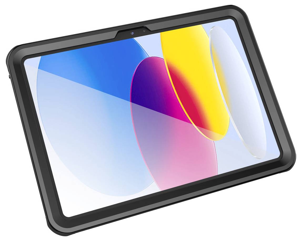 Egy szilárdan megépített fekete tablet fekvő tájolásban, amelyen egy színes absztrakt képernyő látható fehér háttér előtt.