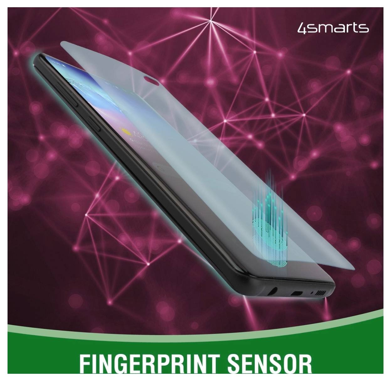 Egy okostelefon illusztrációja átfedő ujjlenyomat-érzékelővel, amelyen a „FINGERPRINT SENSOR" (Ujjlenyomat-érzékelő) felirat és a „4smarts" márkanév szerepel.