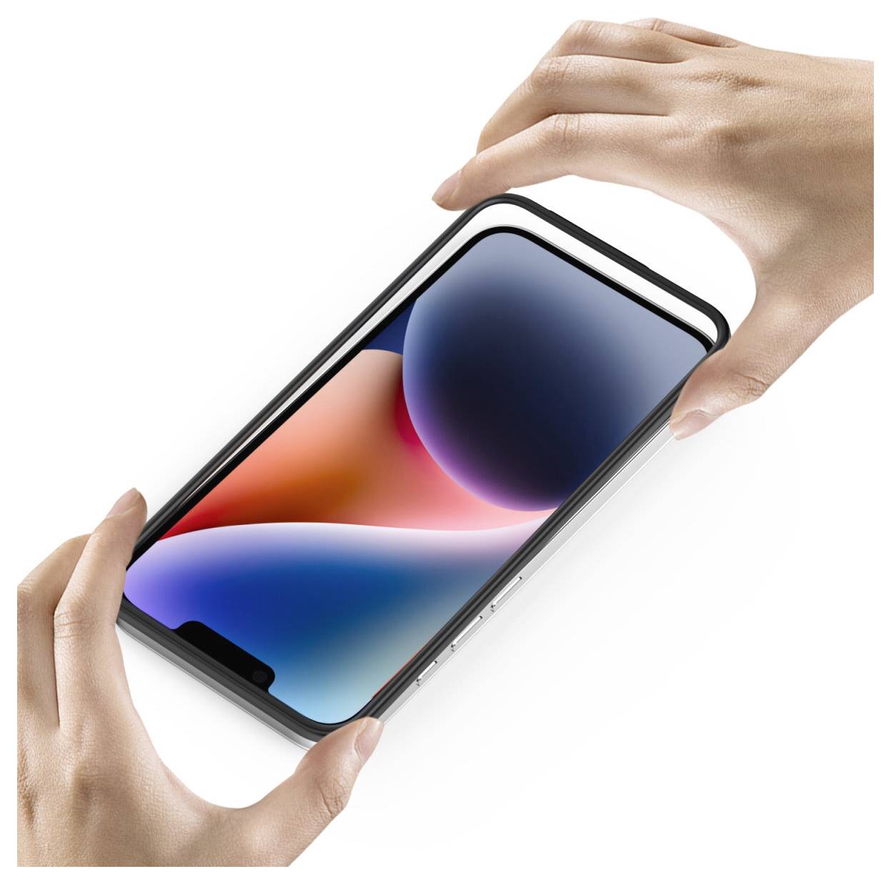 Két kéz szögben tartja a smartphont, a képernyőn egy színes absztrakt háttérkép látható.