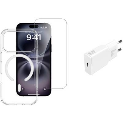 Tiszta, védő telefontok egy kör alakú MagSafe stílusú gyűrűvel és emelt kameraperemmel, amely egy fehér falitöltő adapter mellett látható.