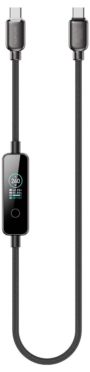 Egy fekete USB-C töltőkábel beépített digitális kijelzővel, amely a teljesítménykimenetet jeleníti meg, és egy kerek vezérlőgombbal.