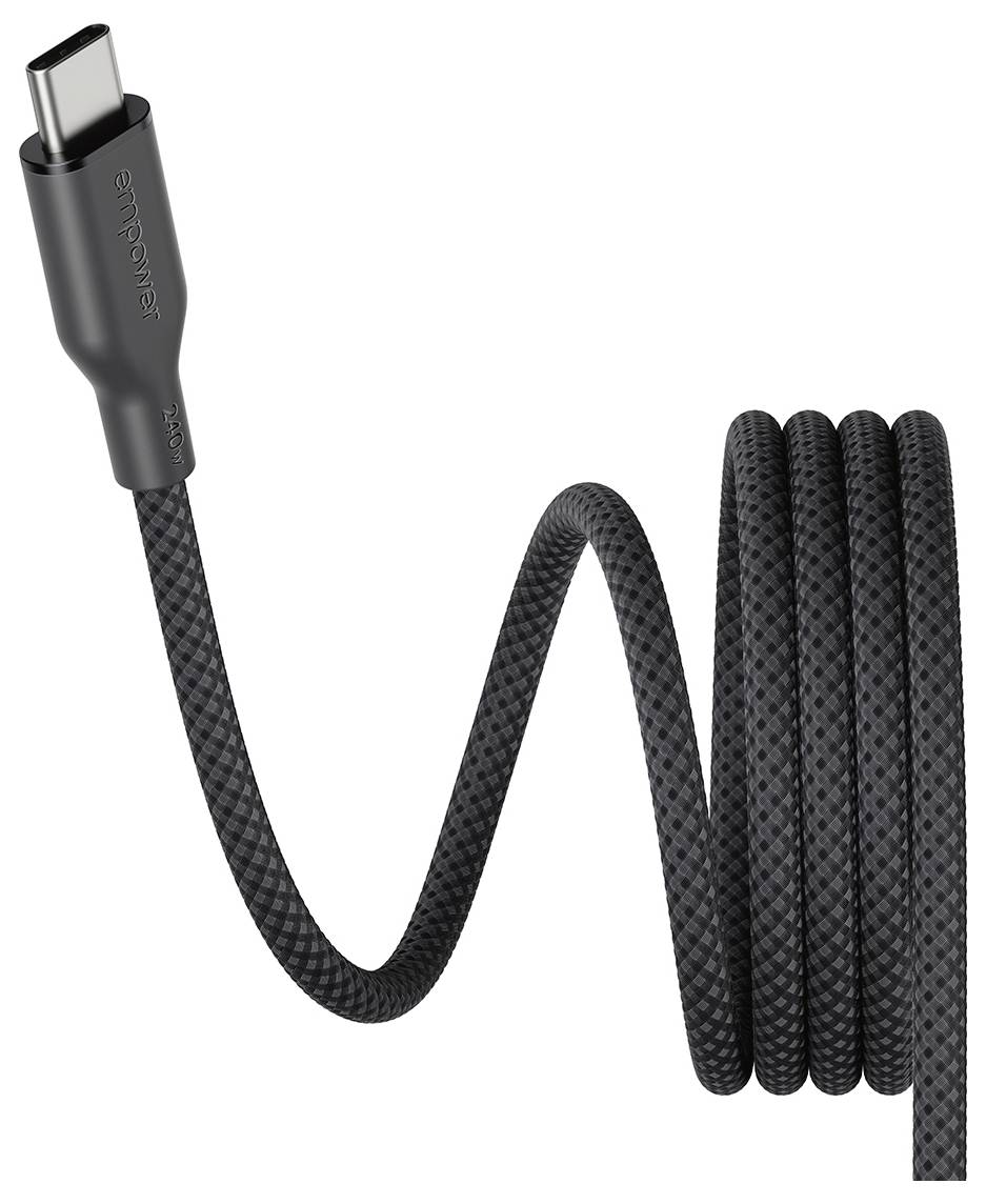 Fekete fonott USB-C töltőkábel egy csatlakozóval látható, ívelt tekercsben fehér háttéren.