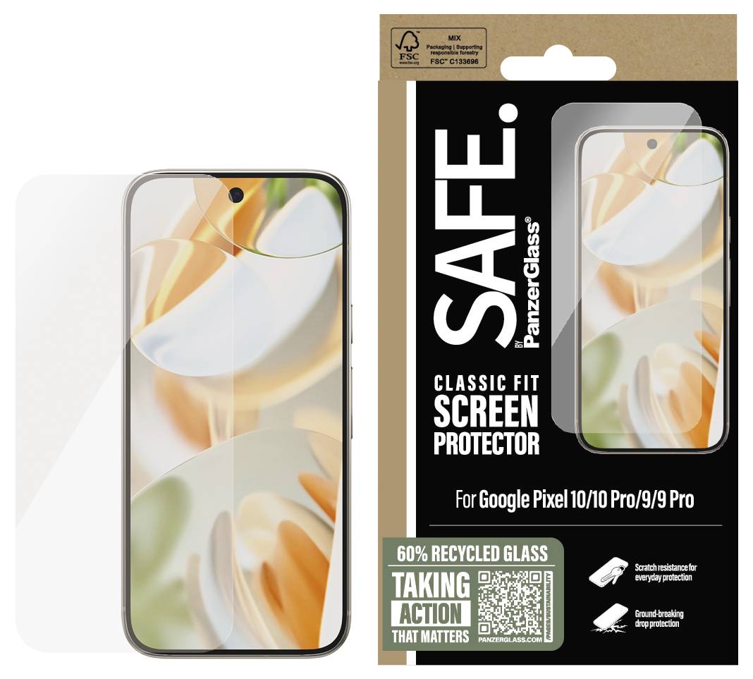 Képernyővédő csomagolás egy telefon mellett, amelyen a "SAFE. PanzerGlass" és a "Classic Fit Screen Protector" felirat látható a Google Pixel 10/10 Pro/9/9 Pro készülékhez, amely "60% újrahasznosított üveg" szöveggel rendelkezik.