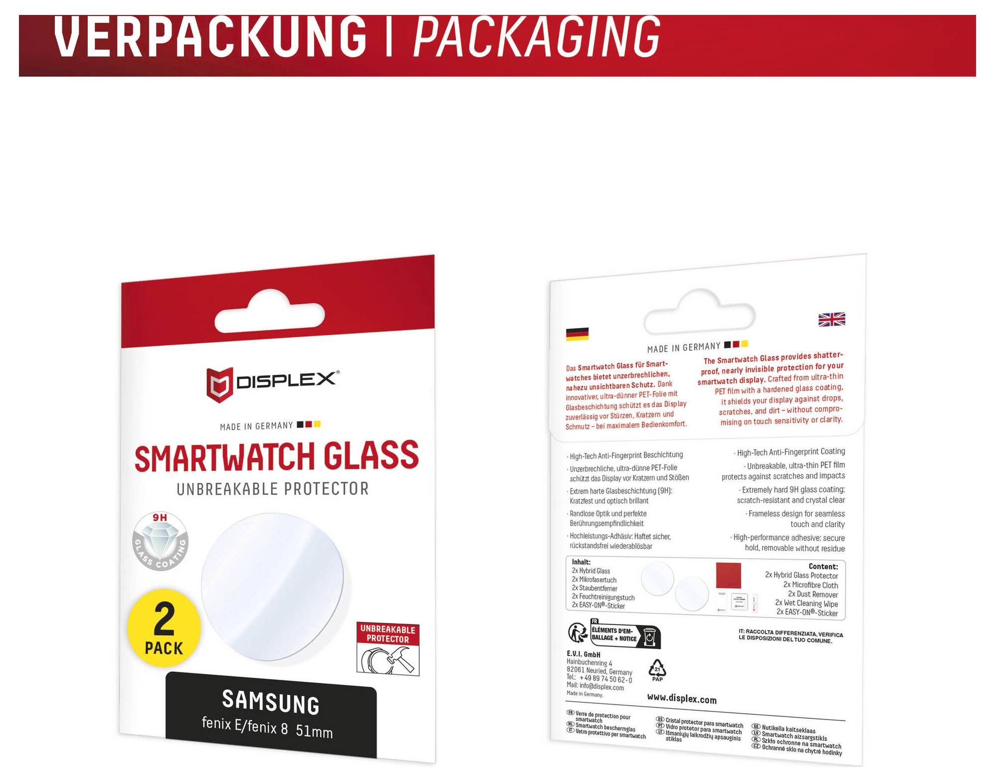 Displex Smartwatch Glass termékcsomagolása, amely elölnézetben és hátoldalon látható, „2 Pack" címkével, Samsung és Fenix 8/8in 51mm órákhoz.
