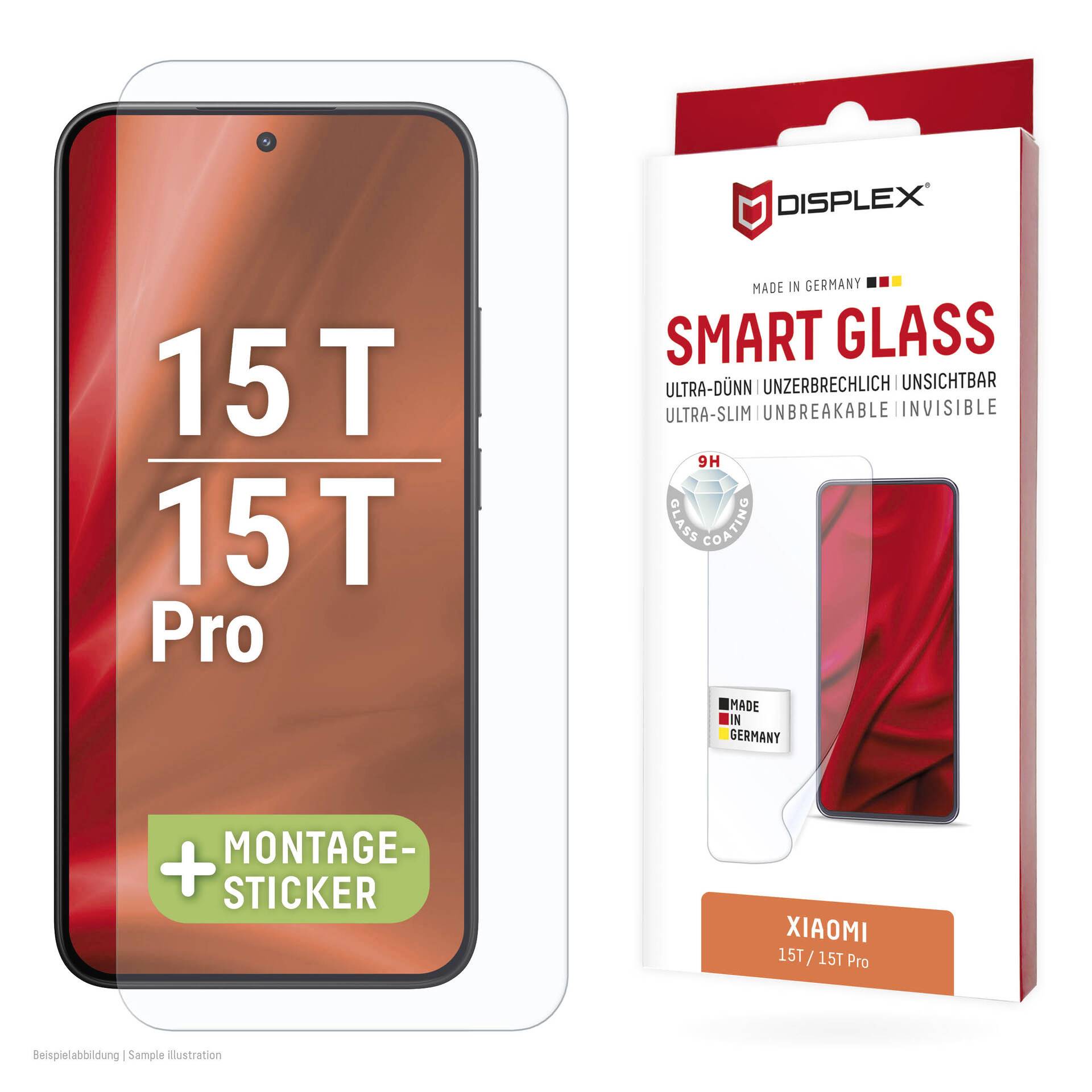 Xiaomi 15T/15T Pro okostelefon kijelzője és DISPLEX Smart Glass képernyővédő csomag, amely megjeleníti a telefon illeszkedését és a 9H védelmet.