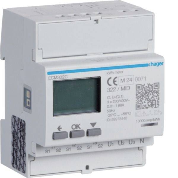 White Hager ECM302C kWh mérőóra digitális kijelzővel, gombokkal és QR kóddal az elektromos energiafogyasztás nyomon követéséhez.