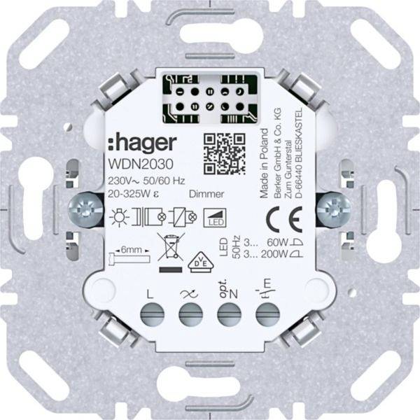 Hager WDN2030 fali dimmer kapcsolómodul 230V-hoz, 20-325W, LED támogatással és látható bekötési sarkokkal.