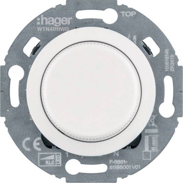 Kerek fehér fali dimmer kapcsoló fém szerelőlemezzel, Hager WTN4011WG típusjellel.