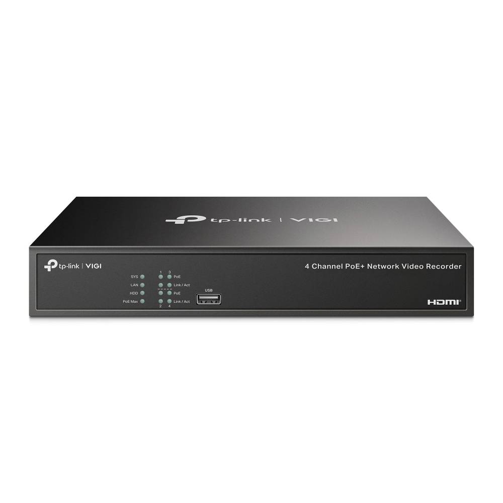 TP-Link VIGI 4 csatornás PoE hálózati videofelvevő, fekete elülső egység állapotjelző fényekkel, USB porttal és HDMI kimenettel.