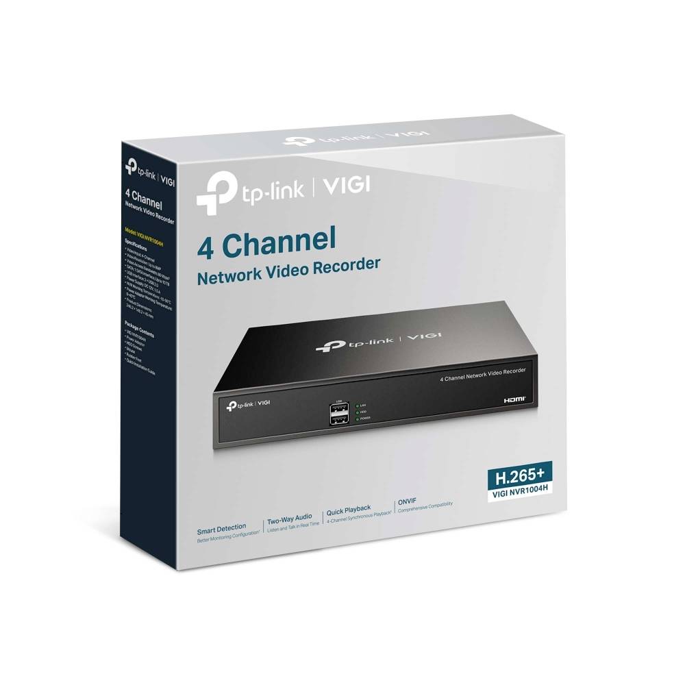 TP-Link VIGI 4 csatornás hálózati videorekorder<br>Fekete szín<br>H.265+ funkció a csomagoláson látható