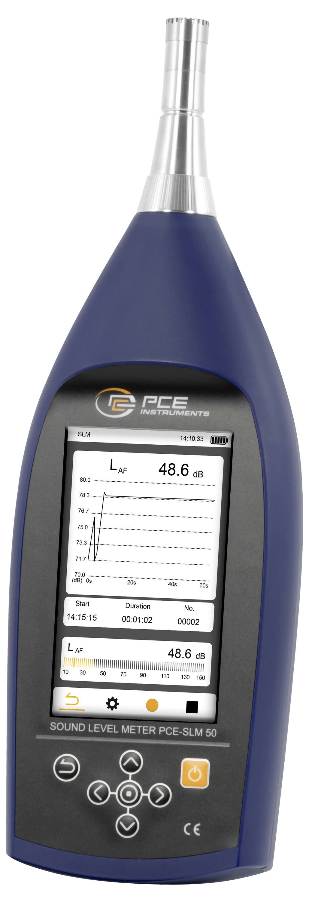 Kézi digitális hangnyomásszint-mérő, amely képernyőjén 48,6 dB-es élő leolvasást mutat.