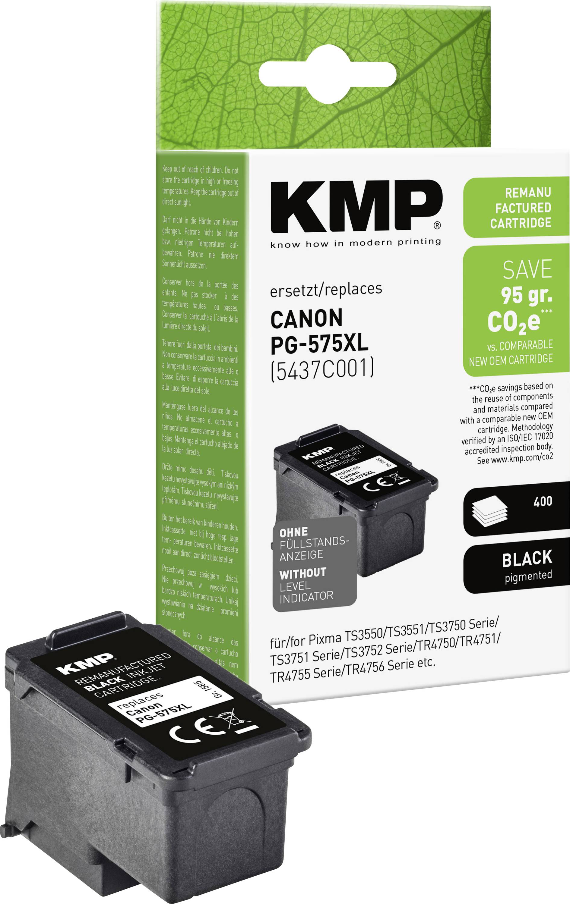KMP felújított Canon PG-575XL fekete tintapatron doboz, amely a patront mutatja, kiemelve a "95 g CO2e megtakarítást" és a 400 oldalas hozamot.