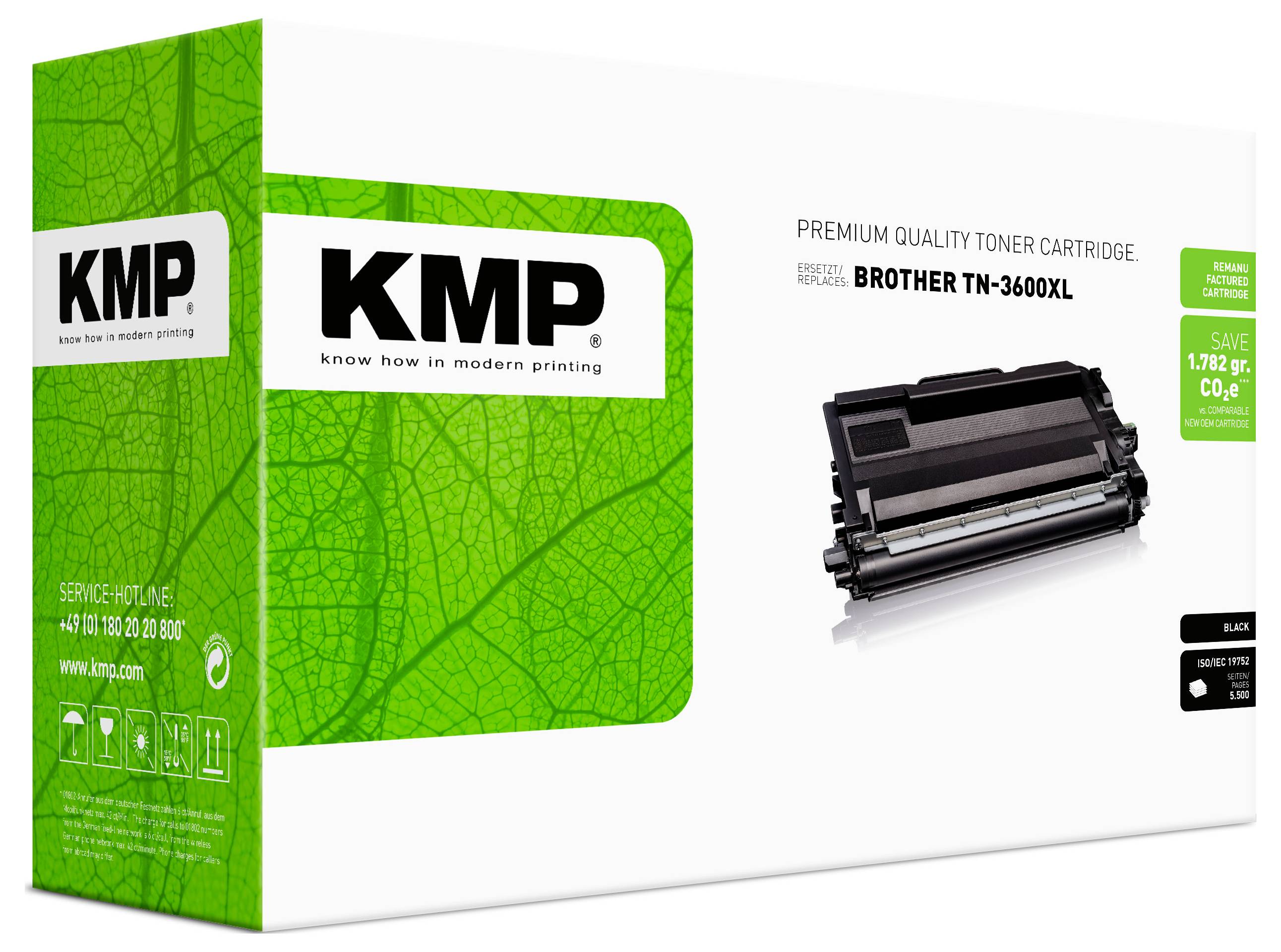 KMP prémium minőségű toneradagtartó csomagolás a Brother TN-360XL-hez, fekete adagtartó képpel és zöld ökó stílusú doboz tervvel.