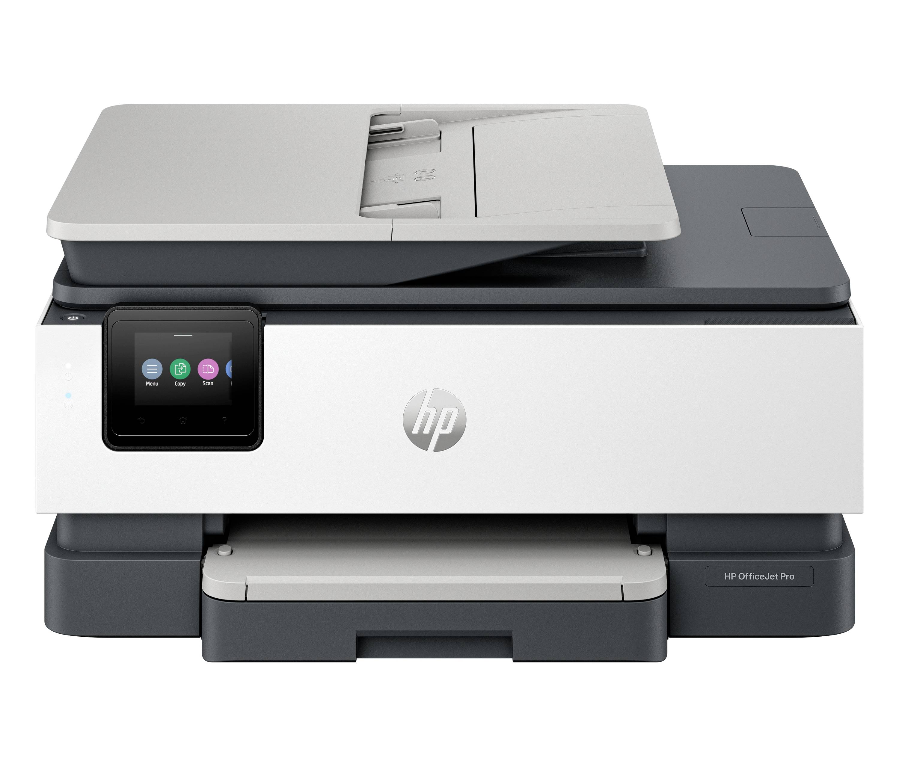 Az HP OfficeJet Pro multifunkciós nyomtató elölnézete nyitott szkenner fedéllel és érintőképernyős kijelzővel a bal oldalon.