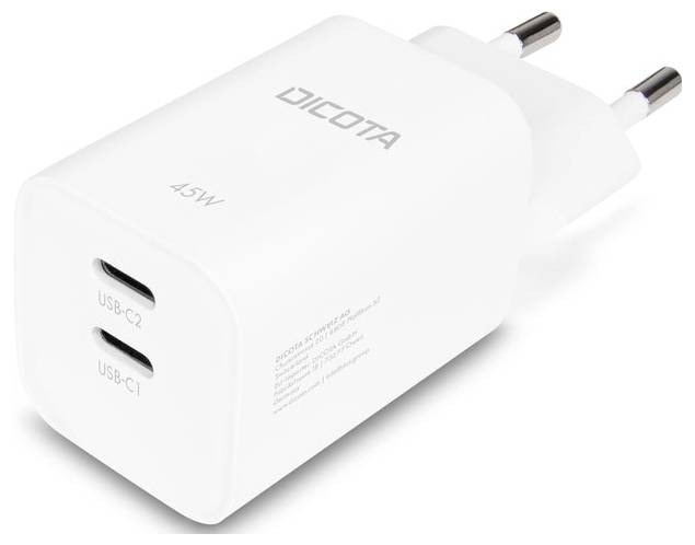 Fehér Dicota 45W-os hálózati töltő két USB-C porttal és EU-dugóval.