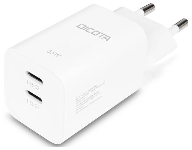 Fehér Dicota 65W-os fali töltő két USB-C porttal és európai csatlakozóval, fehér háttéren megjelenítve.