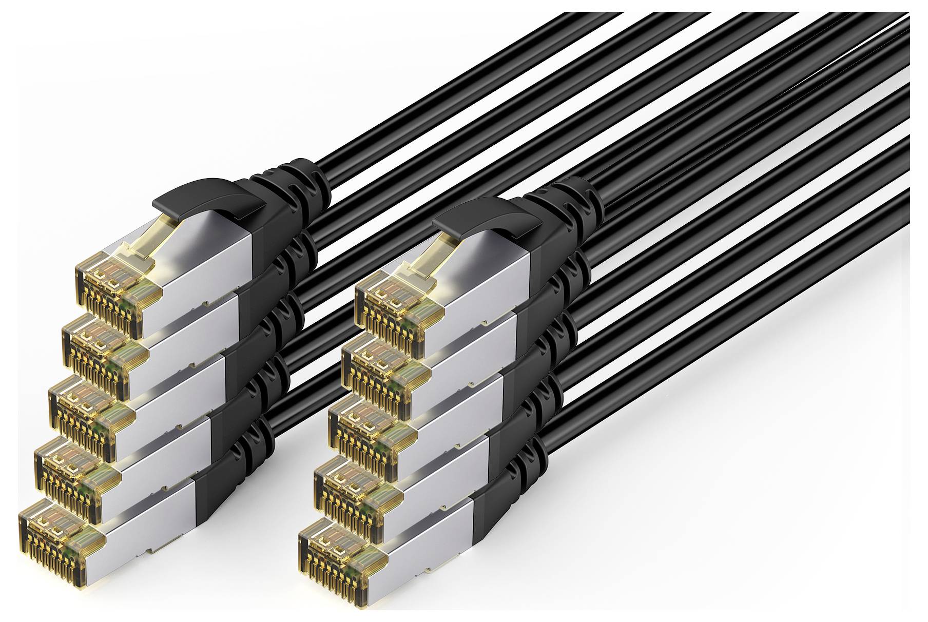 Két kötegelt Ethernet hálózati kábel RJ45 csatlakozókkal, fehér háttéren bemutatva.