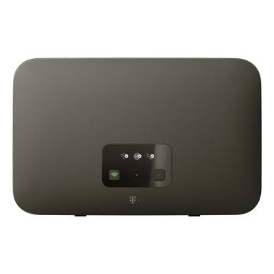 Egy fekete T-Mobile vezeték nélküli router elölnézete állapotjelzőlámpákkal és érintésvezérlésekkel fehér háttéren.