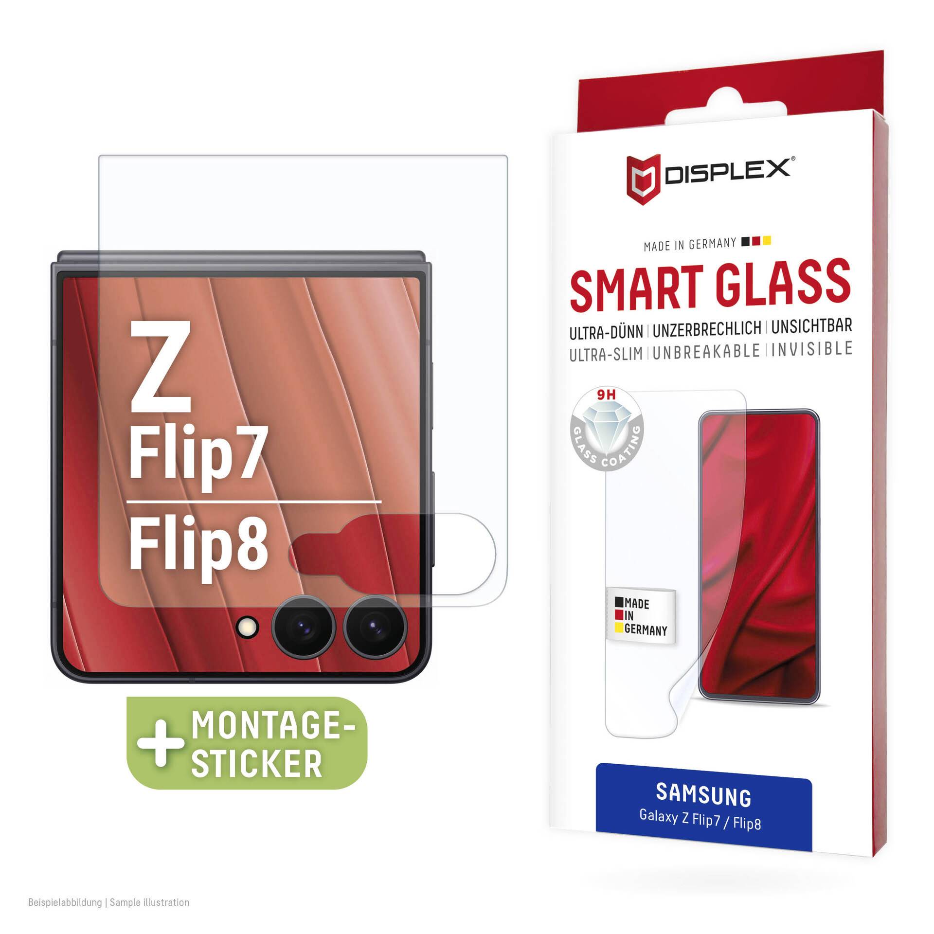 Samsung Galaxy Z Flip7/Flip8 képernyővédő csomagolás egy kijelzővel és egy montázs matricával, amely egy átlátszó, ultra-vékony üvegvédőt mutat.