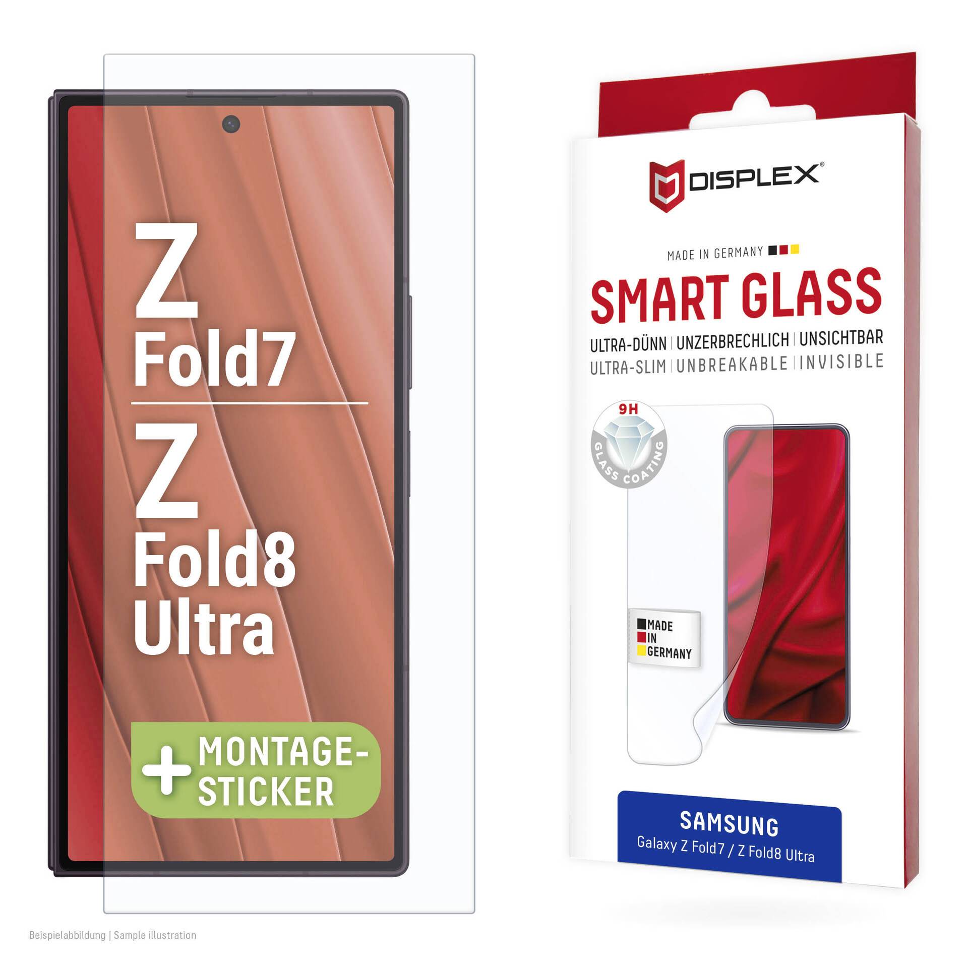 Displex okos üveg képernyővédő Samsung Galaxy Z Fold7 és Z Fold8 Ultra készülékekhez, felszerelési matricával és 9H keménységi jelvénnyel ellátott termék képe.