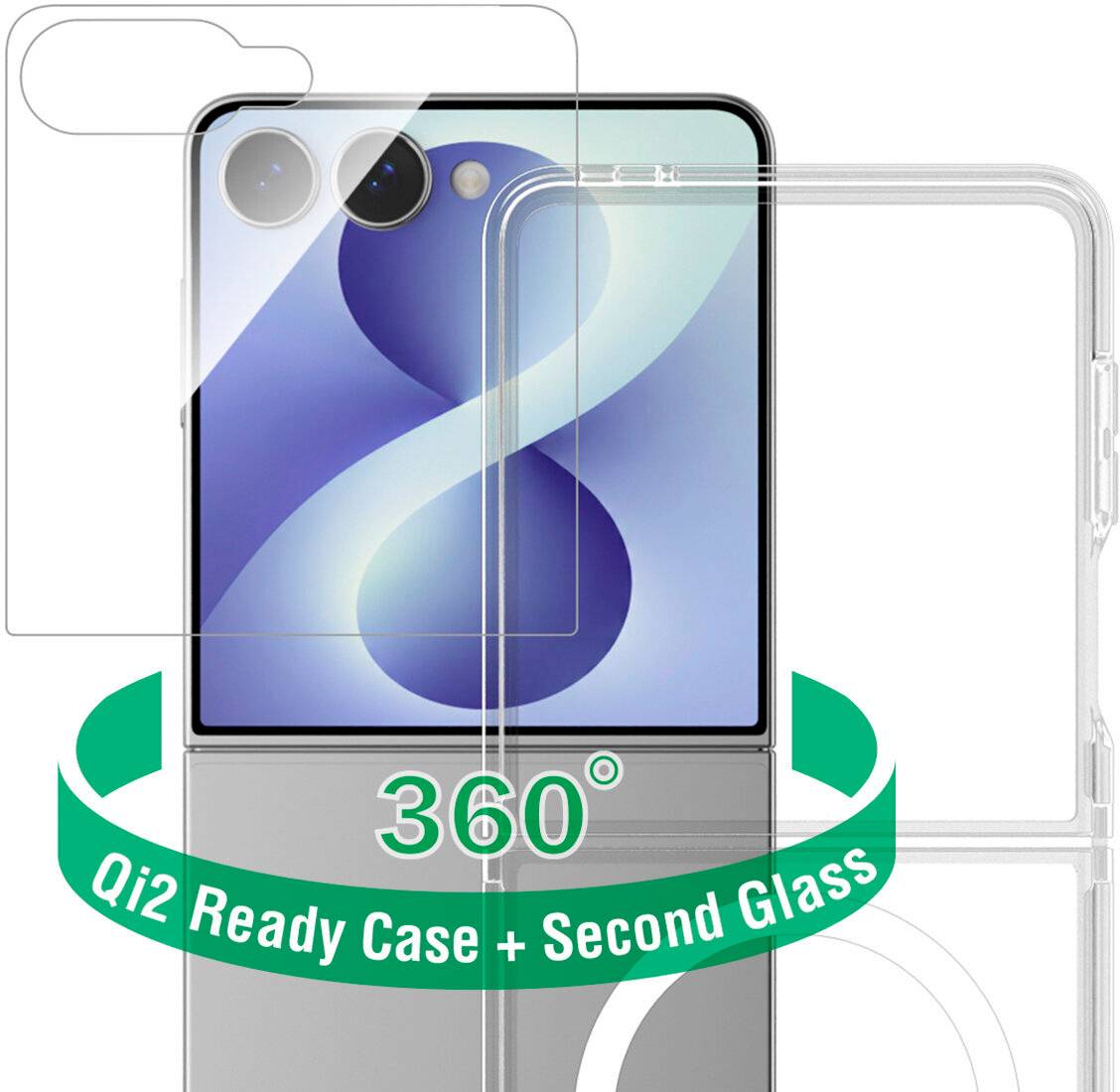 Egy okostelefon körül látható egy átlátszó telefontokok és egy második üveges képernyővédő reklámképe, a "360°" és a "Qi2 Ready Case + Second Glass" szöveggel.