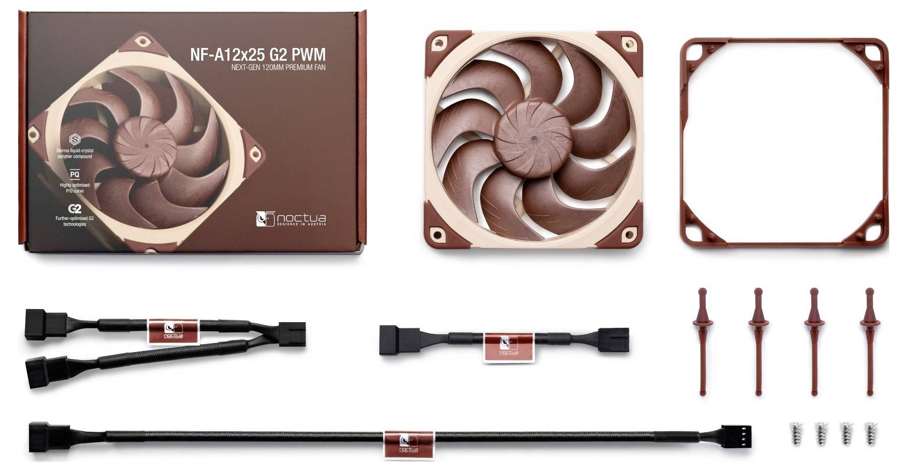 A Noctua NF-A12x25 G2 PWM 120 mm-es ventilátor termékképe, amely mutatja a retail csomagolást, a ventilátort, a szerelési keretet, a kábeleket és a mellékelt csavarokat/kiegészítőket.